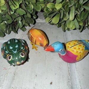 Early Chinese Tinplate Clockwork/Wind-Up‎ Swimming Duck Green Frog Yellow Chick